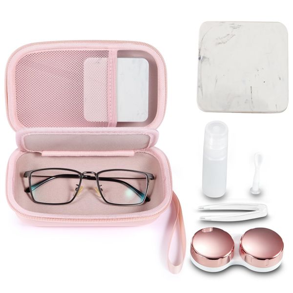 MUQING Portable Glasses and Contact Case 2 in 1, Travel Contact Cases Bag Box Holder, Included Built-in Mirror, Tweezer, Contact Lens Solution Bottle and Hand Strap(Pink)