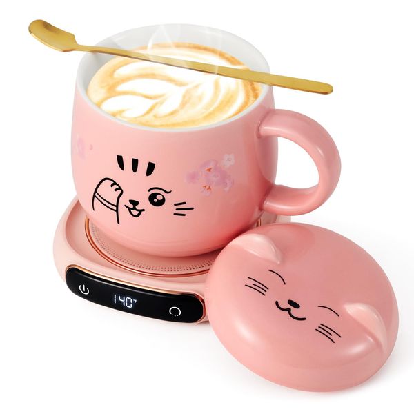 Bsigo Electric LED Display Smart Coffee Mug Warmer & Cute Cat Mug Set, Beverage Cup Warmer for Desk, Warmer Plate for Milk Tea with 3-Temperature Settings (Up to 140℉/60℃), 8 Hour Auto Shut Off, Pink