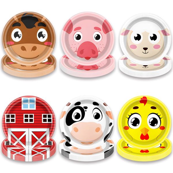 OUSHISS 60Pcs Farm Animal Party Plates, Cock Pig Cow Sheep Disposable Cartoon Animal Plates, Barn Animal Theme Birthday Party Supplies, For fun farm party decorations