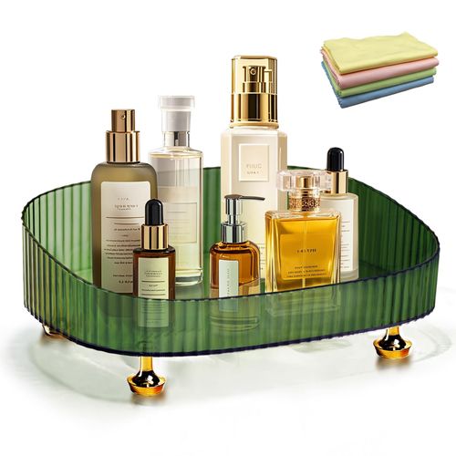 Perfume Organizer with Dust Cloth, Space-Saving Bathroom Cosmetic Tray with Gold Stands for Dresser, Skincare Lotion & Makeup Holder for Vanity, Bedroom, and Countertop (Green)
