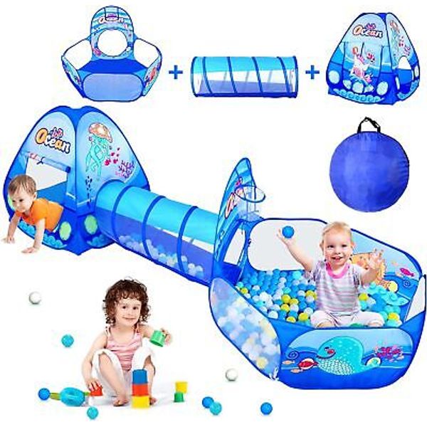 PigPigPen 3 in 1 Kids Play Tent with Tunnel, Ball Pit, Basketball Hoop for...