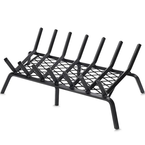 G GOOD GAIN Fireplace Grate with Ember Retainer, 24" Heavy Duty Cast Iron Ind...