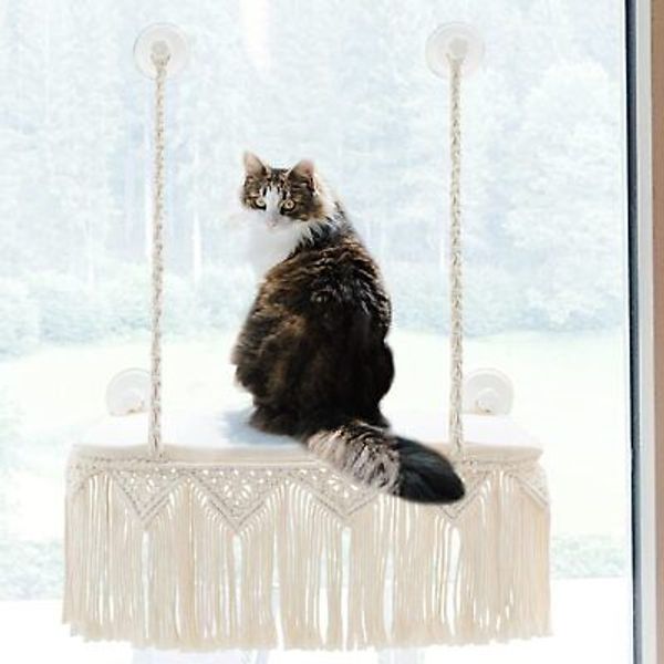 Macrame Cat Window Perch Boho Cat Hammock Wall Mounted Pet Resting Seat Bed f...