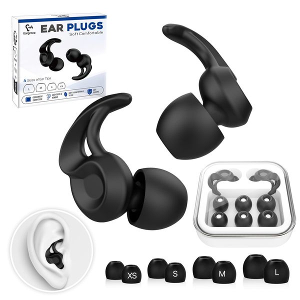 Ear Plugs for Sleep Noise Reduction Ear Plugs, Eargrace 4 Sizes Silicone Ear Tips in XS/S/M/L, Reusable Soft Comfortable Earplugs for Sleeping, Concerts, Work, Motorcycle and Hearing Protection