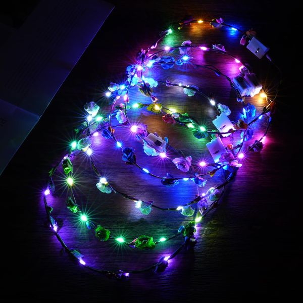 URAQT LED Flower Headband, 6PCS Flower Crown Garland, Light Up LED Flower Headband, Crown Flower Headdress for Women Girls for Wedding, Halloween Christmas and Party Decor