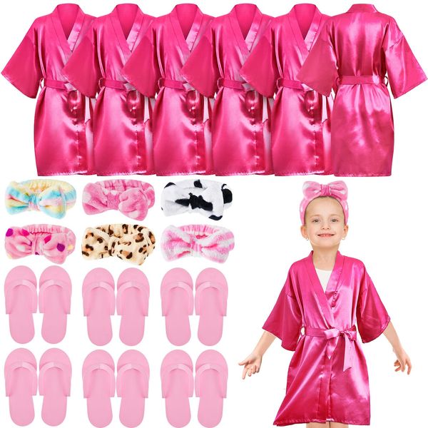 Jecery 18 Pcs Spa Party Supplies for Girls 6 Satin Kimono Robe 6 Spa Headband 6 Disposable Foam Pedicure Slippers (Rose, Size 14)