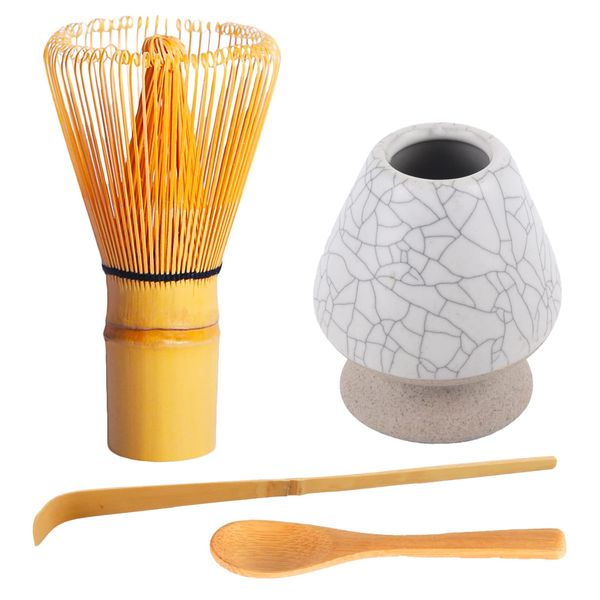 Zen Shi Fu Matcha Whisk Set 4 pcs-Handmade Bamboo Whisk(Chasen) and Traditional Tea Scoop, Matcha Spoon and Unique Ceramic Whisk Holder - Matcha Kit Gifts, Japanese Tea Accessories for Tea Lovers