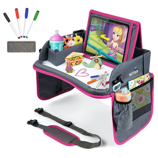 Kids Travel Tray with Dry Erase Board, Car Seat Lap for Food & Play Activity, Carseat Table Trays for Toddler, Kid Activity Desk for Air Travel, No-Drop Tablet Holder & Borders (Grey with Pink Frame)