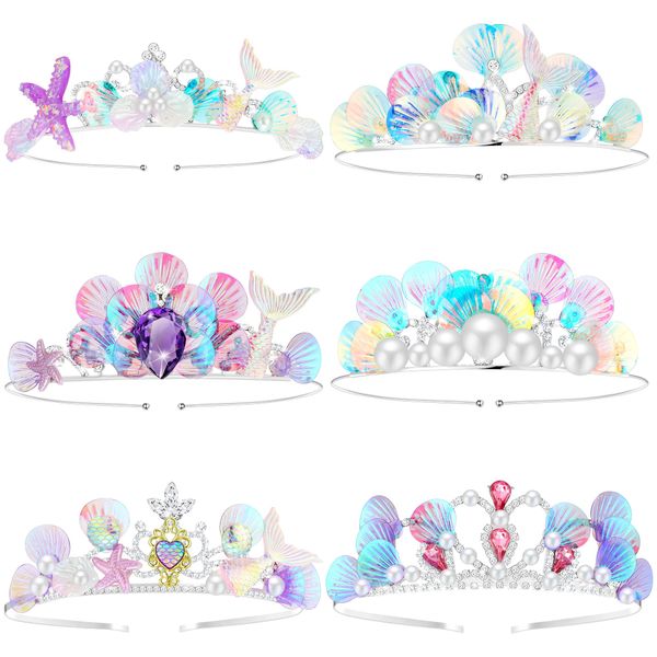 Shihanee 6 Pcs Mermaid Crown Sea Ocean Princess Seashell Starfish Mermaid Headband Tiara Mermaid Hair Accessories Headpiece for Girls Women Mermaid Birthday Party Decorations Gifts Costume Headwear