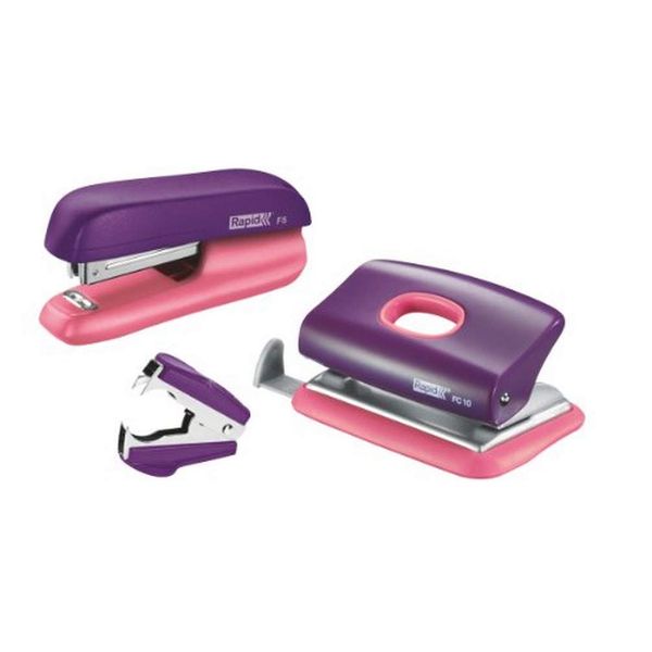 Rapid F5 Mini Stapler, FC10 Hole Punch and Staple Remover Set, 10 Sheet Capacity, Staples Included, Metal and Plastic, Purple/Apricot, 5000372