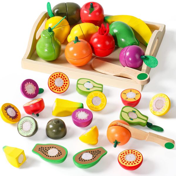 yoptote Wooden Food Toys Play Food Toys for 2 Year Old Boy Girls Play Food Sets for Children Kitchen Wooden Toy Kitchen Accessories Cutting Fruit Toddlers Toys Gift for 2 3 4 Year Old Boy Girls