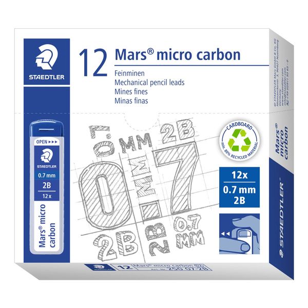 STAEDTLER 250 07-2B Mars Micro Feinminen, Minendurchmesser 0.7 mm, 2B, 12 Stück, graphitgrau