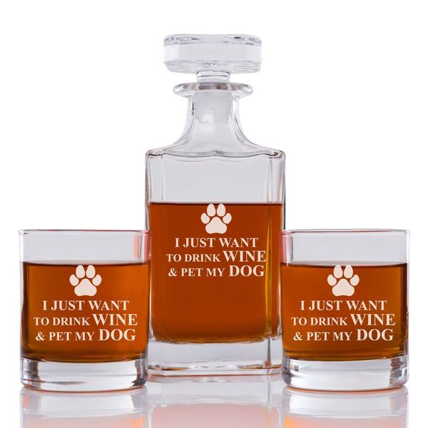 Drink Wine & Pet My Dog Engraved Whiskey Decanter Rocks Glasses 3 Piece Set