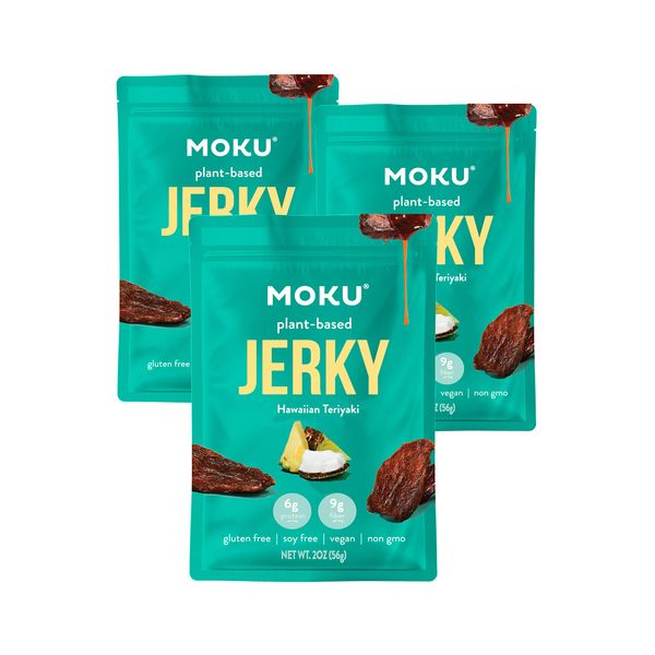 Moku Plant-Based Mushroom Jerky, Hawaiian Teriyaki (3 Pack) Vegan Jerky, Gluten Free, Soy-Free, Non-Gmo Vegan Snacks, Vegan Meat No Artificial Sweetener Vegan Food, Healthy Snacks, 2.0 Oz Ea