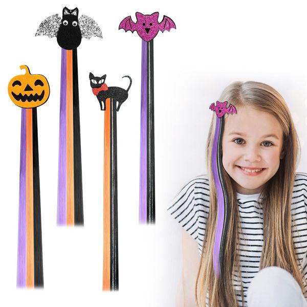 HIFOT 4PCS Halloween Haarverlängerung Clips Glattes Haar, Kürbis Fledermaus Mädchen Haarschmuck, Bunte Haarteile Synthese Party Ankleiden (4 stück Halloween)