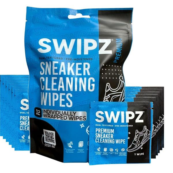 SWIPZ Premium Sneaker Cleaning Wipes (12 Pack) Dual Textured Individually Wrapped Pre-Moistened Quick Care Wipes for Leather, Nubuck, Rubber Sneakers, Shoes and Boots