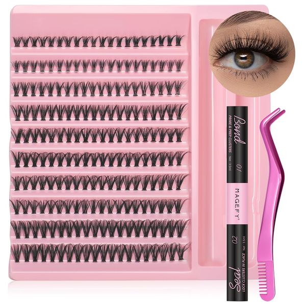 Lash Extension Kit 200pcs Individual Lashes Cluster 40D 9-16mm Mix Individual Lashes Kit D Curl Eyelash Extension Kit with Lash Bond and Seal and Lash Applicator Tool for Beginners DIY at Home