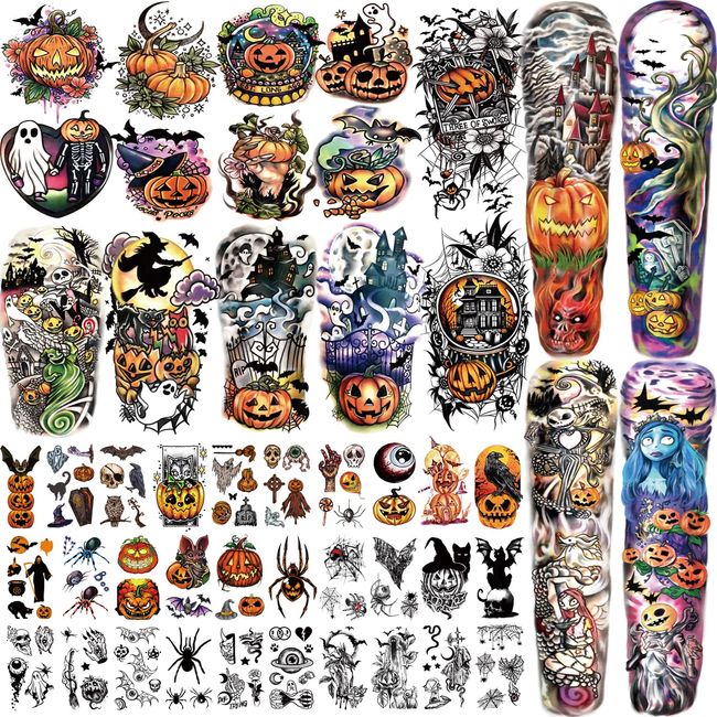 Yazhiji 44 Blätter Halloween Full Arm Temporäre Tattoos Kürbis Hexe Sugar Skull Tattoo für Frauen Männer Jungen und Mädchen Zombie Make-up Kit, Narbe Wasserdichte Tattoos für Partys