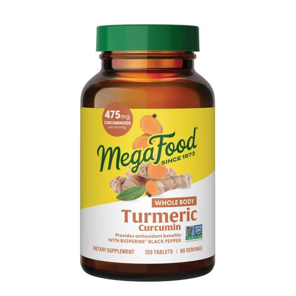 MegaFood Turmeric Curcumin Extra Strength - Whole Body - Turmeric Curcumin with Black Pepper- 475mg Curcuminoids - Holy Basil, Tart Cherry - Made Without 9 Food Allergens - 120 Tabs (60 Servings)