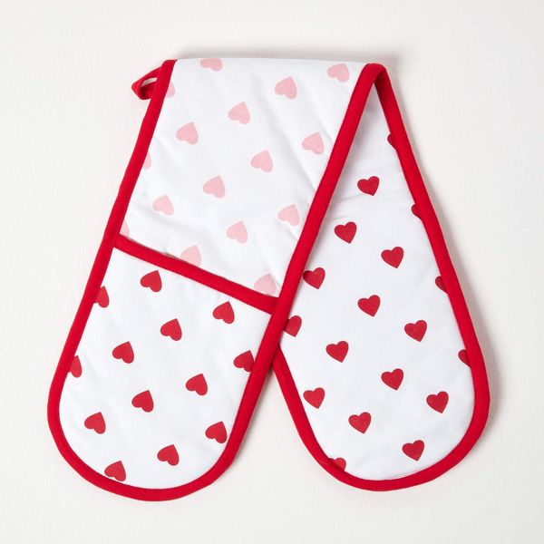 HOMESCAPES - Pure Cotton Double Oven Glove - Hearts - Red Pink - 18 x 84 cm - Fully Coordinated Washable Kitchen Linen