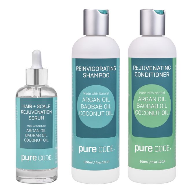 PURE CODE Roots of Health Hair + Scalp Care - Hair-Scalp Rejuvenating Serum for Fuller, Thicker Hair, Reinvigorating Shampoo, and Nourishing Conditioner Set - Natural Hair Product (Set of 3)