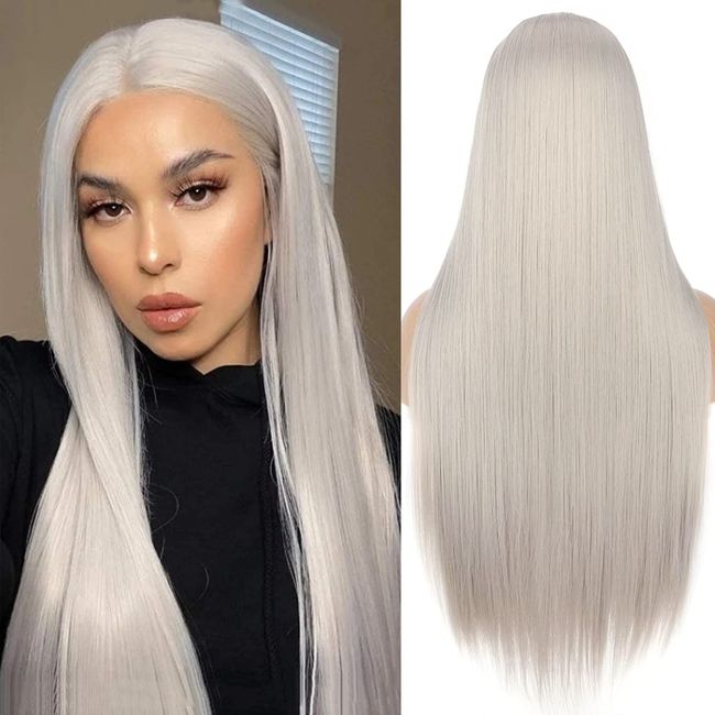 PORSMEER Perücke Blond Lange Haare Glatt für Frauen/Mädchen Natürlich Synthetische Haarperücke Party/Kostüm Wig platinblond