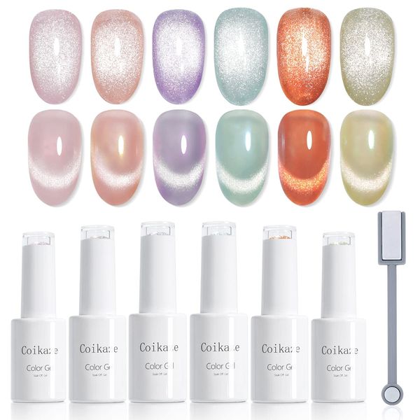 Coikaze Magnetic Nail Gel, Set of 6 Colors, Cat's Eye Gel, Galaxy Nails, Color Gel, Cat Eyes, Nail Gel, Magnetic, UV/LED Compatible (Candy Magnet Gel)