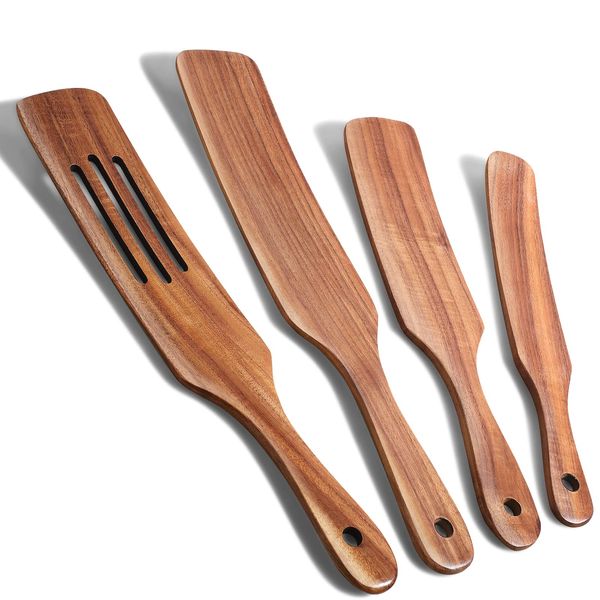 Spurtle Set, Natural Acacia Wooden Kitchen Utensils Set of 4, Wooden Spoons Utensils for Cooking, stirring, Mixing, Serving, spurtles kitchen tools as seen on tv for NonSick Cookware