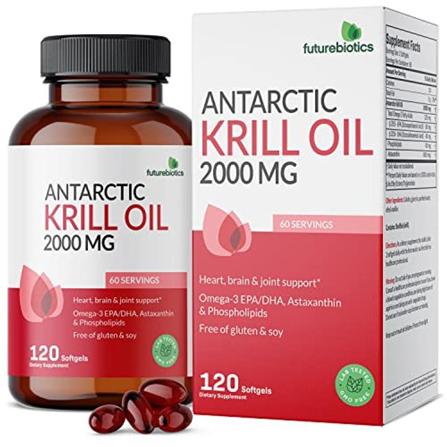 Futurebiotics Antarctic Krill Oil 2000mg with Astaxanthin, Omega-3s EPA, DHA and Phospholipids - 100% Pure Premium Krill Oil Heavy Metal Tested, Non GMO – 120 Softgels