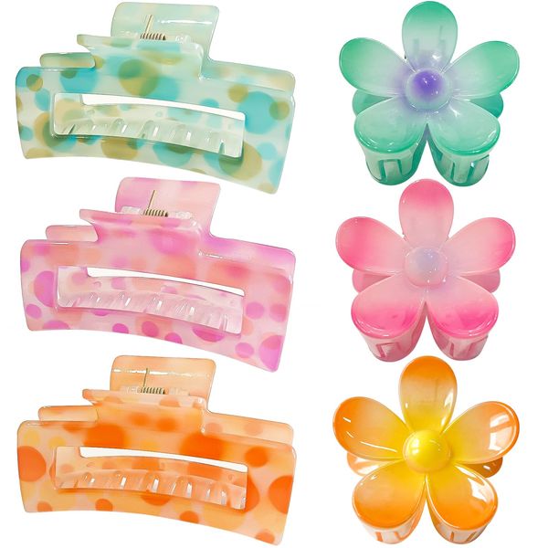 GQLV Hair Claw Clips for Thick/Thin Hair Claws 6PCS,3.34" Nonslip Big Cute Hair Clips Square Claw Clips,2.36" Medium Flower Hair Clips for Women/Girls,Hair Styling Accessories Gifts