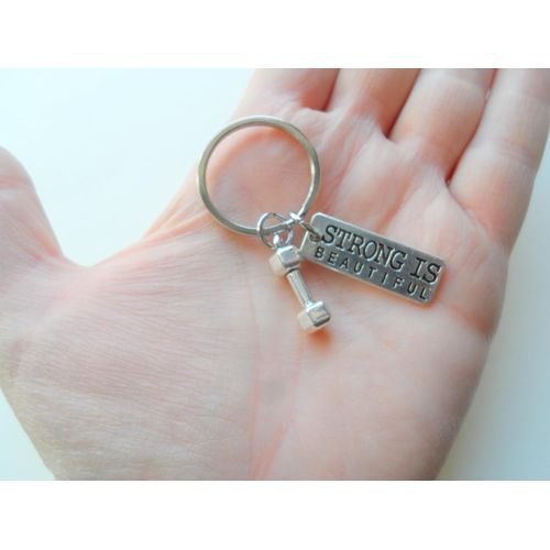 Custom Fitness Goals Charm Keychain with Barbell Weight Charm and Strong is Beautiful Tag Charm, Exercise and Physical Goals Encouragement Keychain