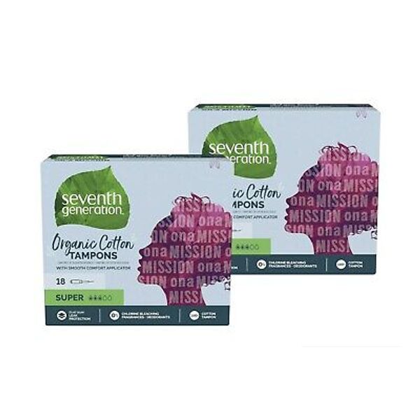 2 Seventh Generation SUPER Organic Cotton Tampons 18 per Box Total Of 36 Tampons