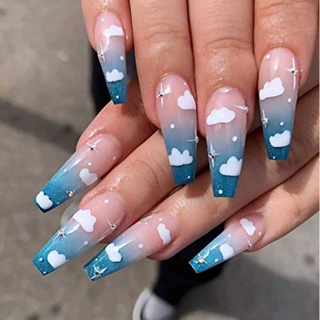 Brishow Coffin False Nails Long Fake Nails Ballerina Acrylic Press on Nails Clouds Stick on Nails 24pcs for Women and Girls