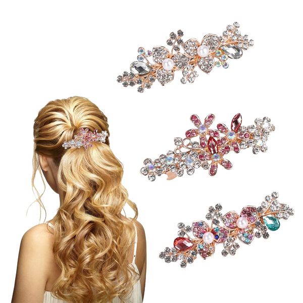 3 Pcs Hair Clips for Women Girls,2.7 Inches Hair Barrettes,Vintage Bridal Hair Accessory,Crystal Hair Slides Pins,Elegant Fance Flower Pins Rhinestones,for Girls Women Thick Long Hair Wedding Party