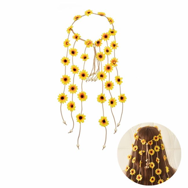 Böhmische Sonnenblume Haarband Floral Krone Kopfschmuck Hippie Stirnband Braut Kopfbedeckung für Party Dekoration Hochzeit Cosplay Kostüm