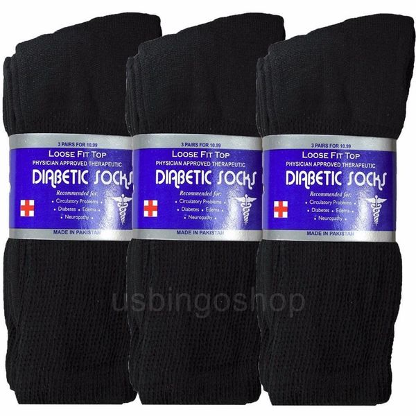 3 Pairs Black Men Loose Fit Top Circulatory Diabetic Crew Socks Cotton 10-13