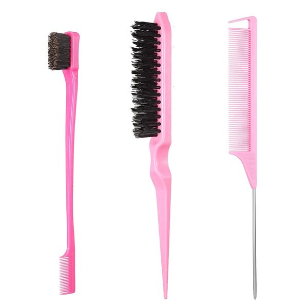 Kireida® 3-teiliges Haarbürstenset, Inklusive Kamm mit Haken, Styling Kamm und Doppelseitiger Augenbrauenbürste zum Glätten von Haaren und Fliegenden Haaren, für den Perfekten Look (Rosa)