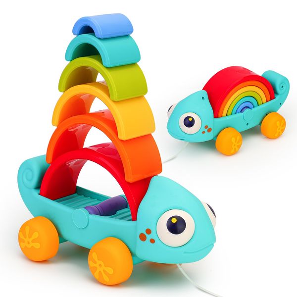 Toddler Toys for 1 2 3 Year Boys Girls, Montessori Toys 2-in-1 Rainbow Stacking Toys Push & Pull Toys with Wheel, Education Sensory Toys Motor Skills Developmental Activities Toys for Kids