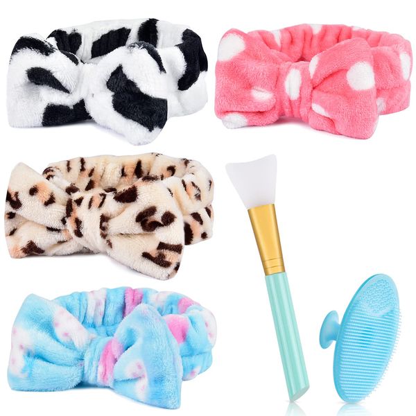 4 Pack Spa Headband,MORGLES Facial Makeup Headband Bowknot Hair Bands Cosmetic Headband with 1pcs Face Mask Brush 1pcs Silicone Face Scrubbers for Women Washing Face Skincare