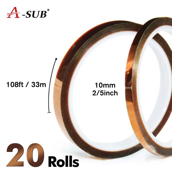 A-SUB 20 Rolls High Temperature Heat Resistant Tape 10mm 108ft Kapton Polyimide