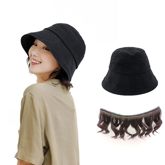 NOOFNO Hat Wig,Hat with Hair Attached for Women, Fisherman Bucket hat with Wig,with Short Wavy Hair Piece,for Spring,Summer,Black