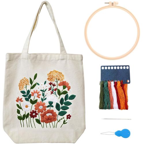 MAMUNU Canvas Tote Bag Embroidery Kit with Pattern for Beginners, Arts and DIY Crafts Kits for Adults, Include Instructions Embroidery Bag, Embroidery Hoops, Color Threads and Tool