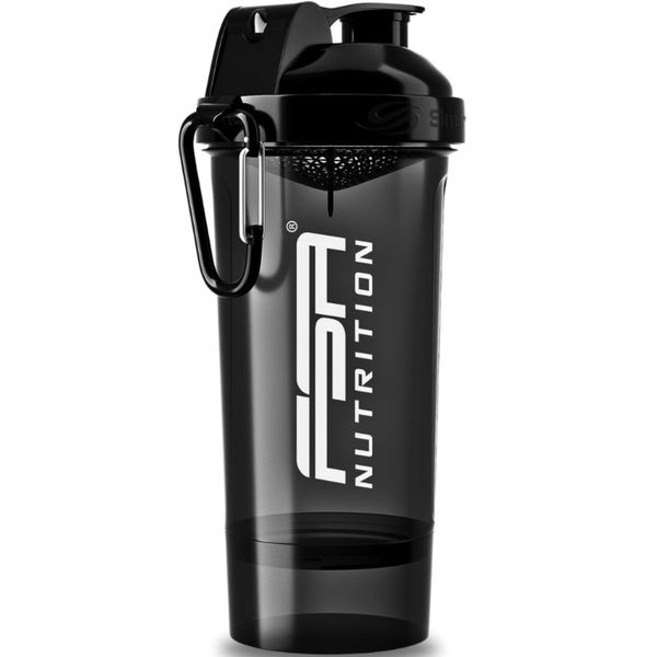 FSA Nutrition Protein Shaker mit Pulverfach 600 + 150 ml - Sieb & Skala für cremige, klumpenfreie Shakes - Eiweiß Shaker - auslaufsicher - BPA frei - Schwarz