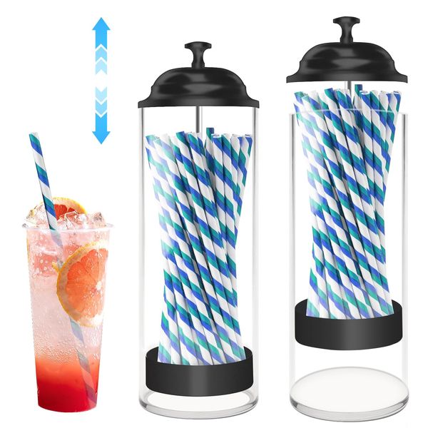 2 Pcs Straw Dispenser, Straw Holder for Counter, Drinking Straw Organizer Container, Acrylic Plastic Straw Storage with Black Lid for Countertop Kitchen Home (Straws Not Included)