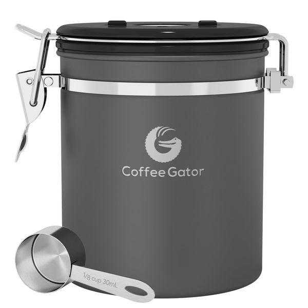 Coffee Gator Coffee Storage - Stainless Steel Tea and Sugar Containers - Canisters w/Date-Tracker, CO2 Valve for Freshness & Scoop - Medium, Grey