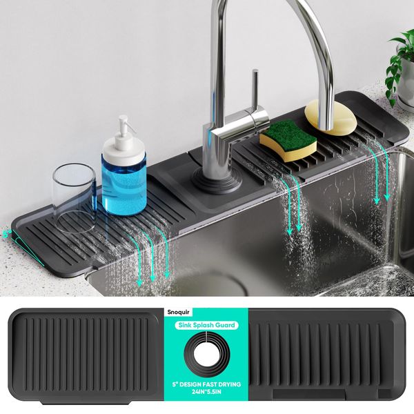 Snoquir 24 Inch Longer Kitchen Sink Splash Guard [5°Slope Fast Draining]Silicone Draining Mat for Kitchen Sink Faucet Mat Kitchen Sink Tidy Splash Guard Kitchen Sink Area Kitchen Faucet Draining Mat