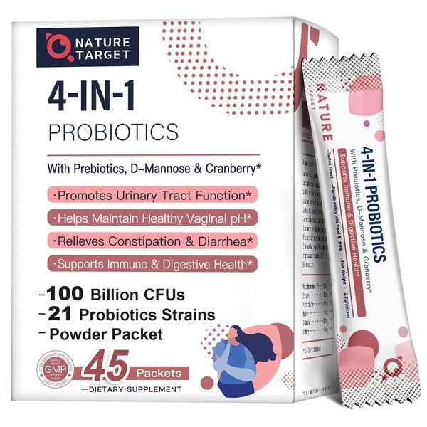 NATURE TARGET Probiotics-for-Women Prebiotics-and-Probiotics-Powder, 100-Billion-CFUs 45-Day-Supply, Women's-Probiotic with D-Mannose and Cranberry for Urinary Tract/Gut/Digestive Health