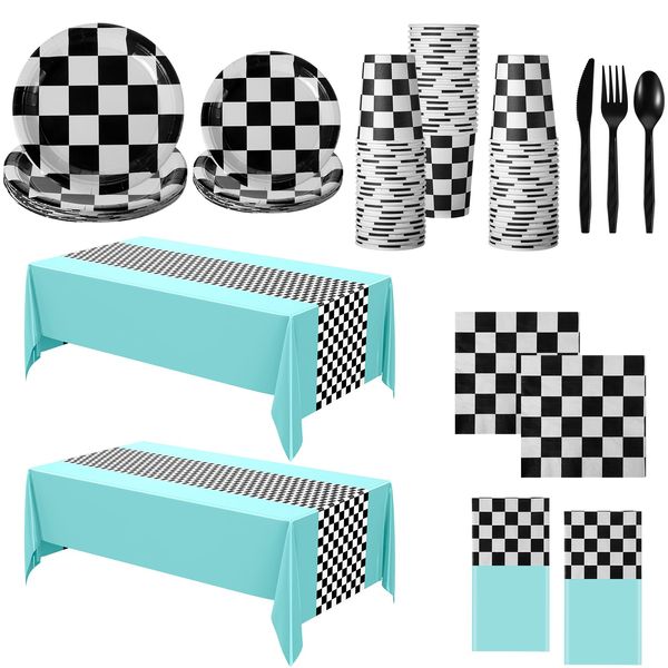 Oudain 162 Pcs Car Birthday Party Supplies for 20 Guests Checkered Racing Party Decorations 2 Checkered Racing Flag Rectangular Tablecloth for Racing Car Christmas Party Dinner Plates (Blue)