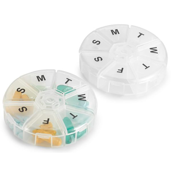 Weekly Pill Organizer - (Pack of 2) 7 Day Pills Container, Round Medicine Organizer Box, Daily Week Pill Reminder Case Travel Friendly, BPA-Free Vitamin, Supplement, Fish Oil, Medication Planner