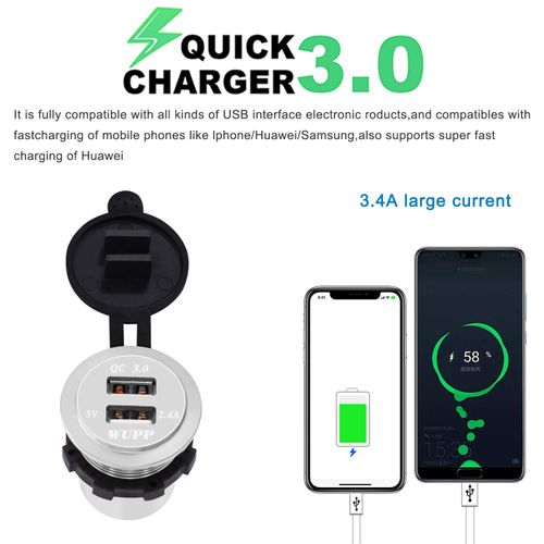 BlueFire Upgraded Aluminum Alloy Fast Charging 3.0 USB Charger Socket IP66 Waterproof Dual USB Power Outlet with QC 3.0 & 5V 2.4A Port Led Light for Car Boat Marine RV Motorcycle (Silver)